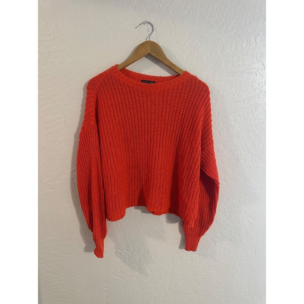 Y Eileen Fisher Orange Crewneck Chunky Knit Organic Cotton Fisherman Sweater